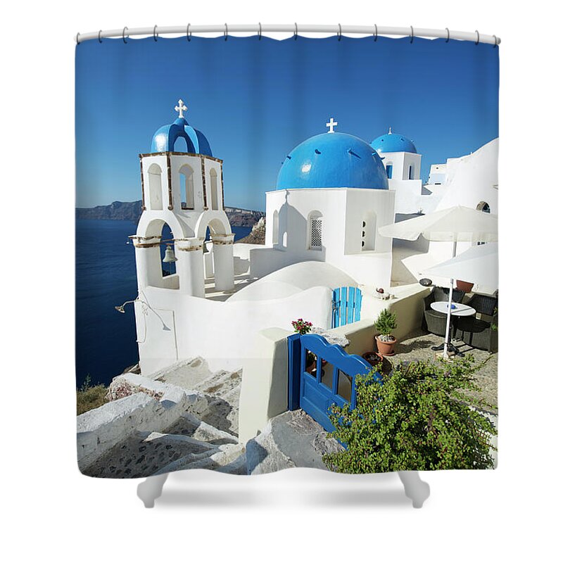 Steps Shower Curtain featuring the photograph Blue Dome Greek Church Scene Oia by Peskymonkey