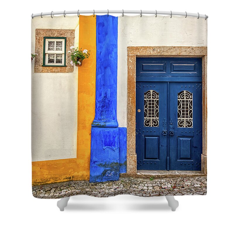 Medieval Shower Curtain featuring the photograph Blue Door of Medieval Portugal by David Letts