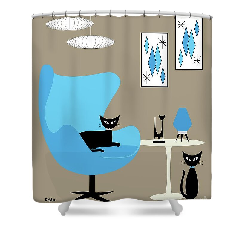 Mid Century Modern Shower Curtain featuring the digital art Blue Egg Chair with Cats by Donna Mibus
