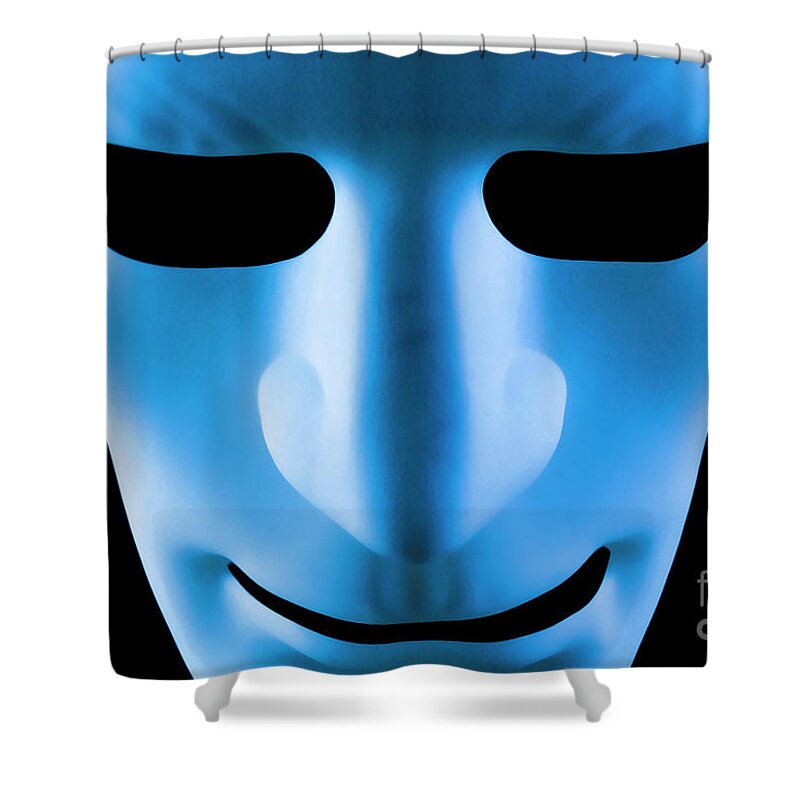 Mask Shower Curtain featuring the photograph Blue face artificial intelligence robot by Simon Bratt