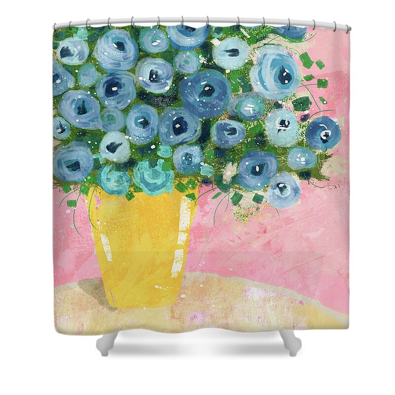 Flowers Shower Curtain featuring the mixed media Blue Flowers in A Yellow Vase- Art by Linda Woods by Linda Woods
