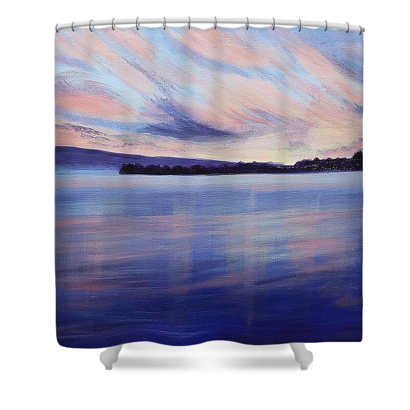 Sunset Shower Curtain featuring the painting Blue Fog Over Sunset Lake by Alexis King-Glandon