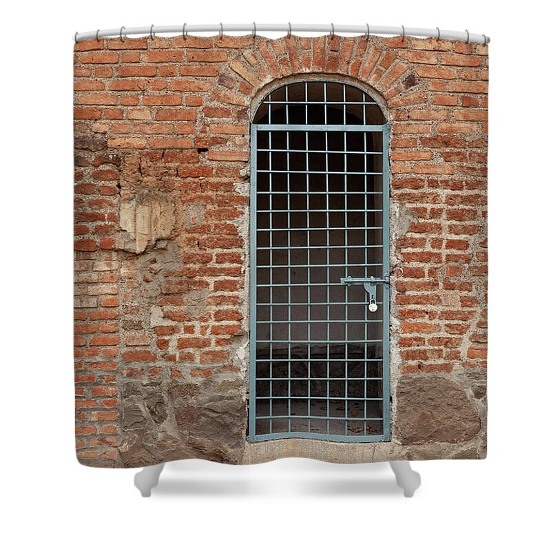 Doorway Shower Curtain featuring the photograph Blue Grid Doorway by Fran Riley