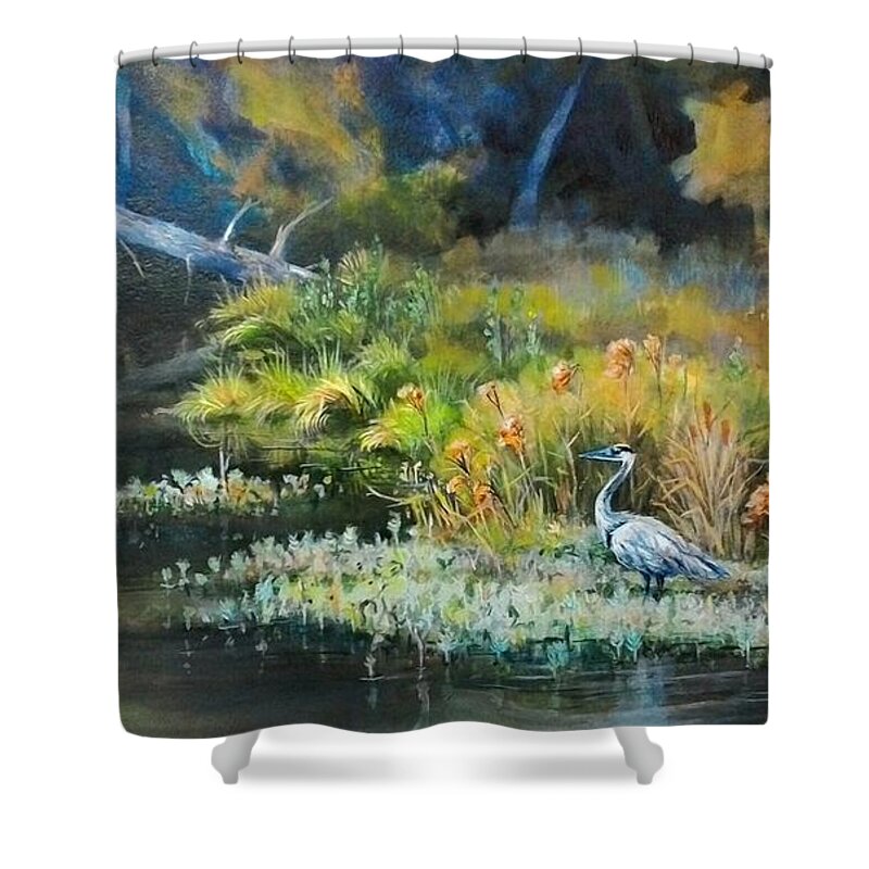 Blue Heron Shower Curtain featuring the painting Blue Heron, Beyond the Bridge by Cynthia Westbrook