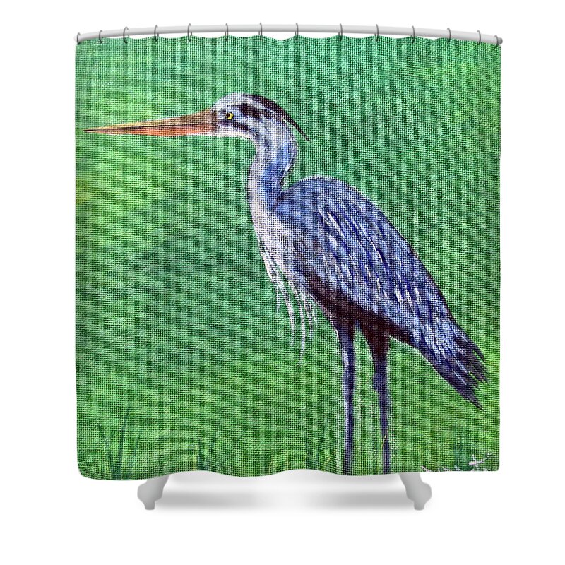 Blue Heron Shower Curtain featuring the painting Blue Heron by Gloria E Barreto-Rodriguez
