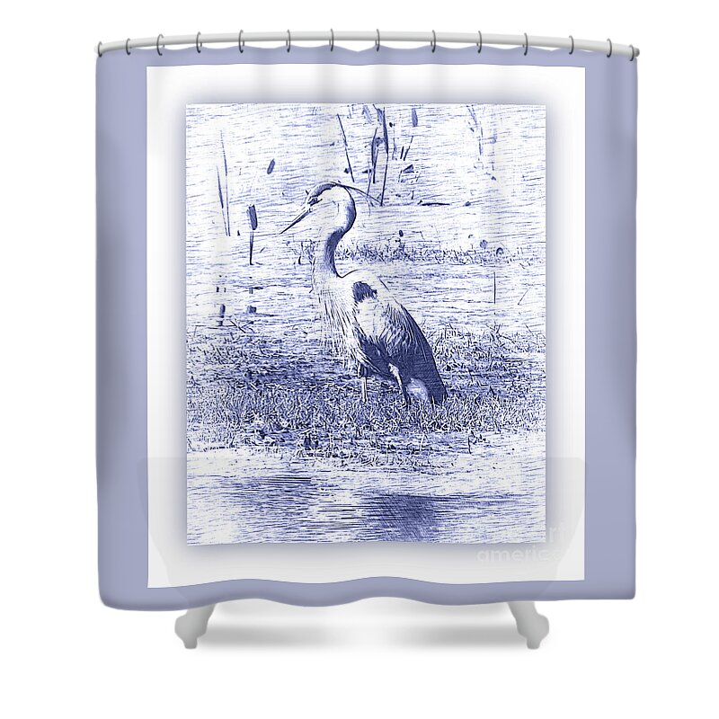 Heron Shower Curtain featuring the photograph Blue Heron in Blue Digital Art with White Border by Carol Groenen