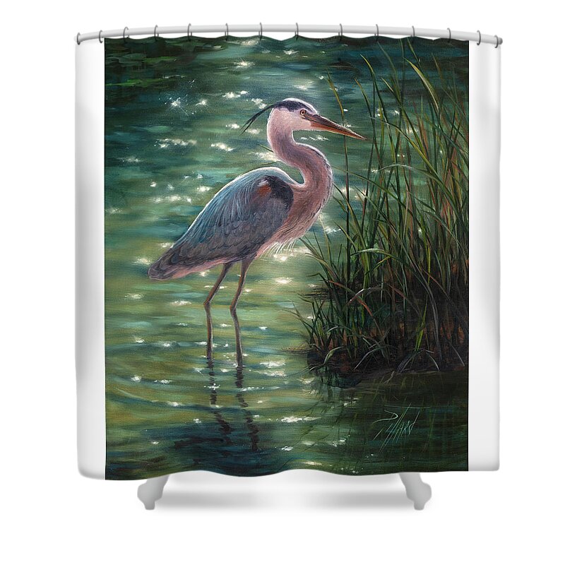Blue Heron Shower Curtain featuring the painting Blue Heron by Lynne Pittard