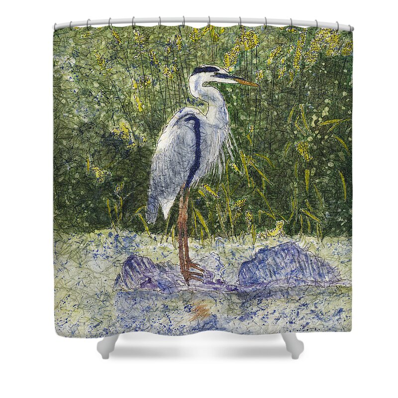 Blue Heron Shower Curtain featuring the painting Blue Heron Watercolor Batik by Conni Schaftenaar
