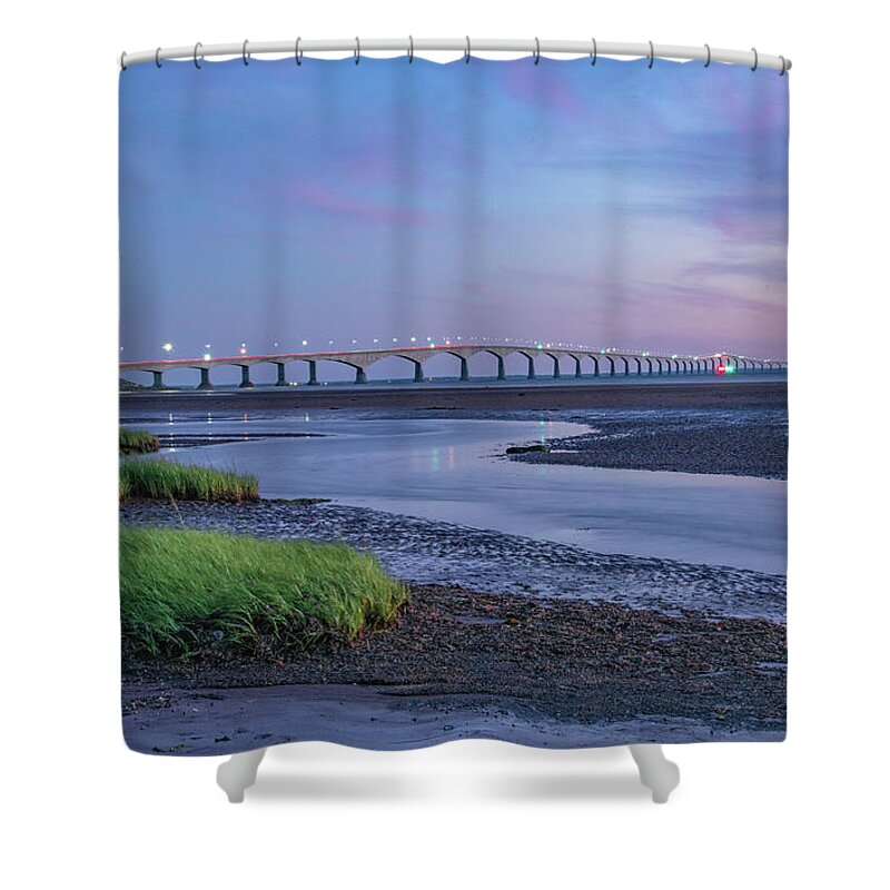 Pei Shower Curtain featuring the photograph Lighting It Up At Confederation Bridge by Marcy Wielfaert