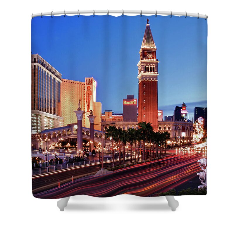 Outdoors Shower Curtain featuring the photograph Blue Hour In Las Vegas by Bert Kaufmann Photography