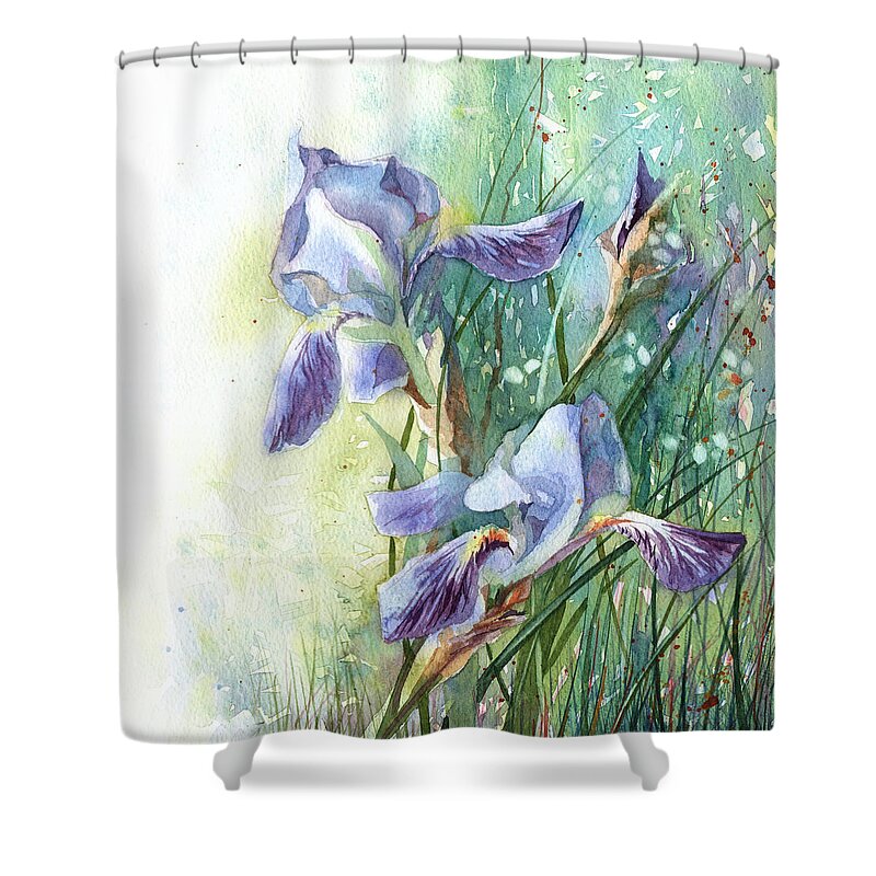 Russian Artists New Wave Shower Curtain featuring the painting Blue Irises Fairytale by Ina Petrashkevich
