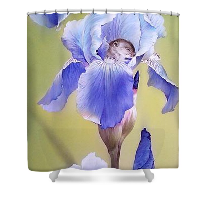 Russian Artists New Wave Shower Curtain featuring the painting Blue Irises with Sleeping Baby Mouse by Alina Oseeva