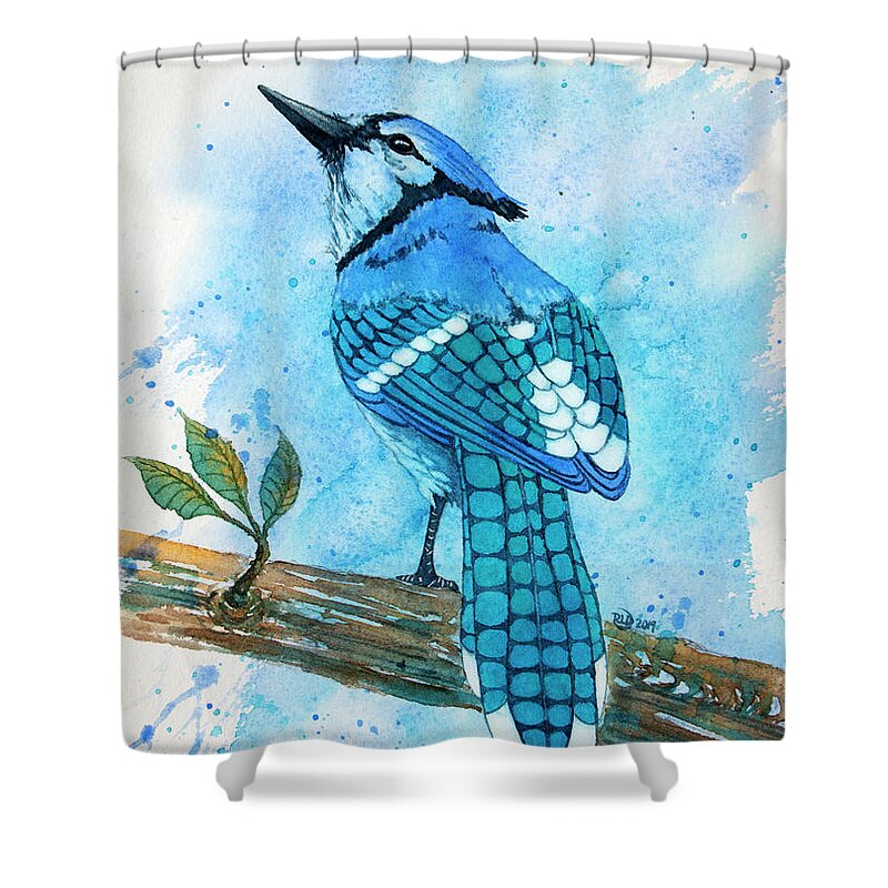 Bluejay Shower Curtain featuring the painting Blue jay by Rebecca Davis