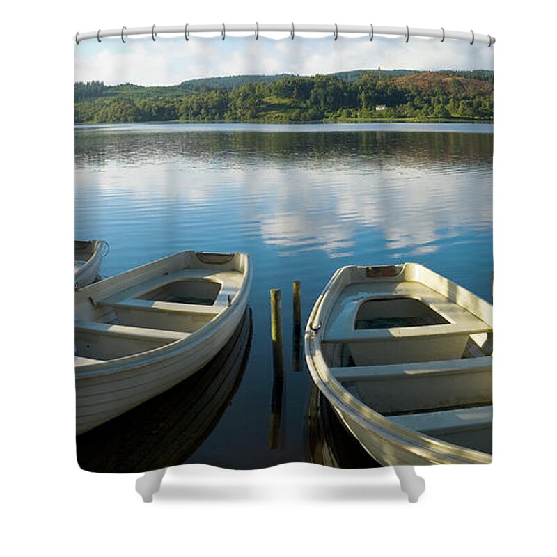 Recreational Pursuit Shower Curtain featuring the photograph Blue Lake, White Boats by Fotovoyager