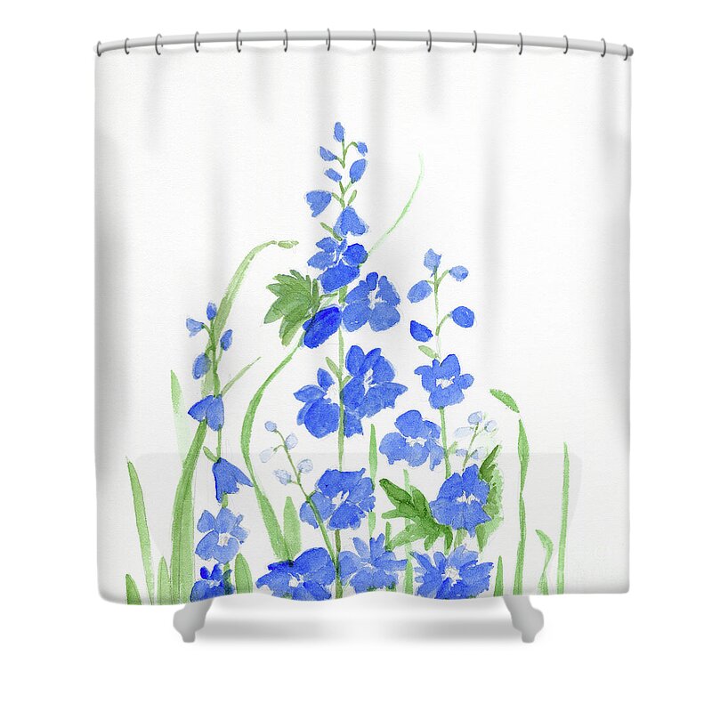 Larkspur Shower Curtain featuring the painting Blue Larkspur by Laurie Rohner