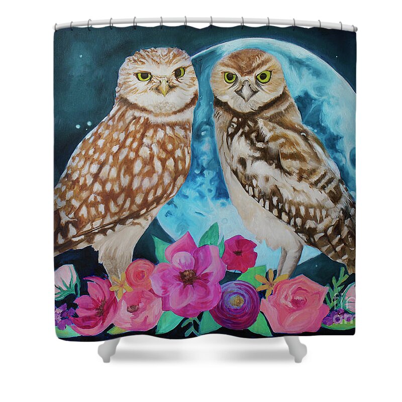 Owls Shower Curtain featuring the painting Blue Moon Blooming by Ashley Lane