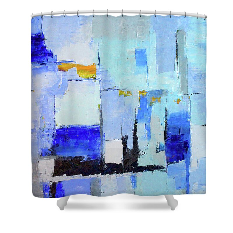 Large Blue Abstract Painting Shower Curtain featuring the painting Blue Note One by Nancy Merkle