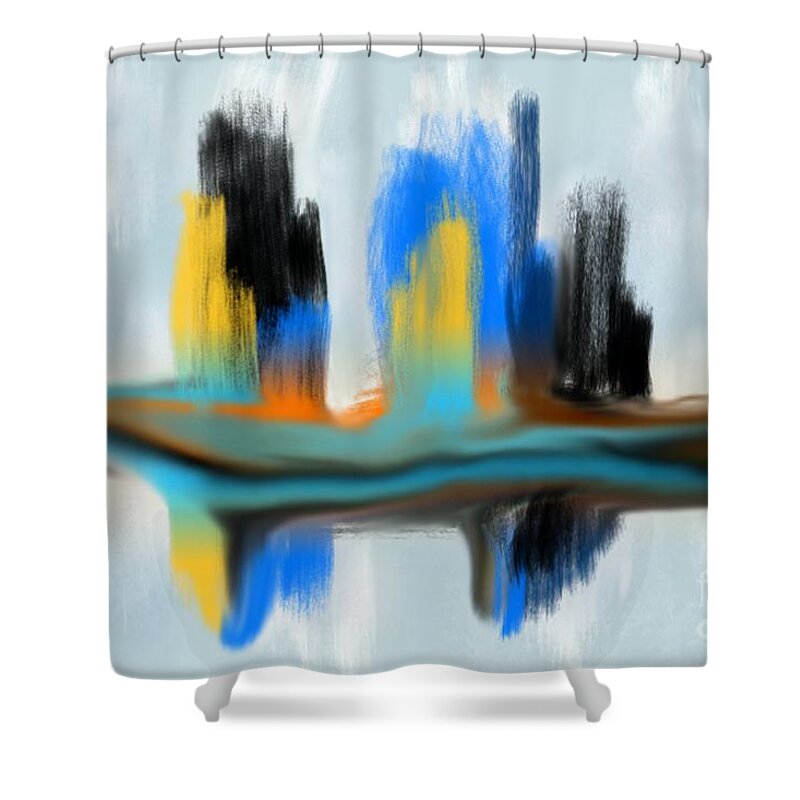 Orange Shower Curtain featuring the digital art Blue Orange Black Tan Drag Abstract Digital Painting by Delynn Addams by Delynn Addams