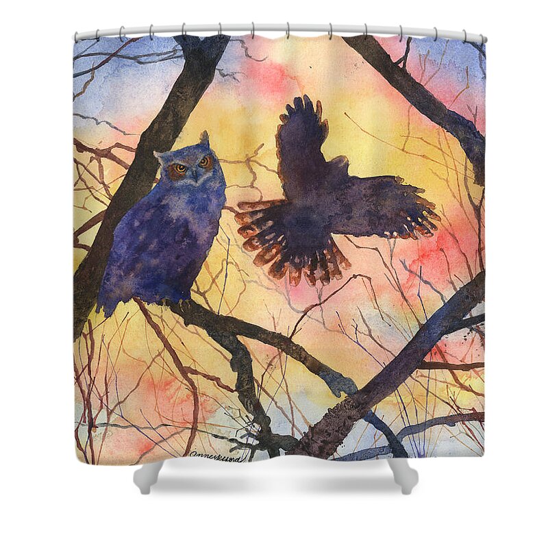 Owl Painting Shower Curtain featuring the painting Blue Owl by Anne Gifford