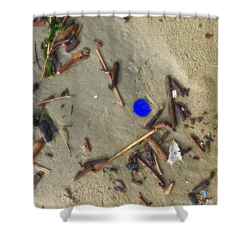 Blue Shower Curtain featuring the photograph Blue Plastic on Sand by Suzanne Lorenz