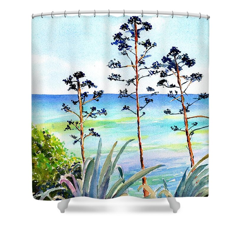 Ocean Shower Curtain featuring the painting Blue Sea and Agave by Carlin Blahnik CarlinArtWatercolor