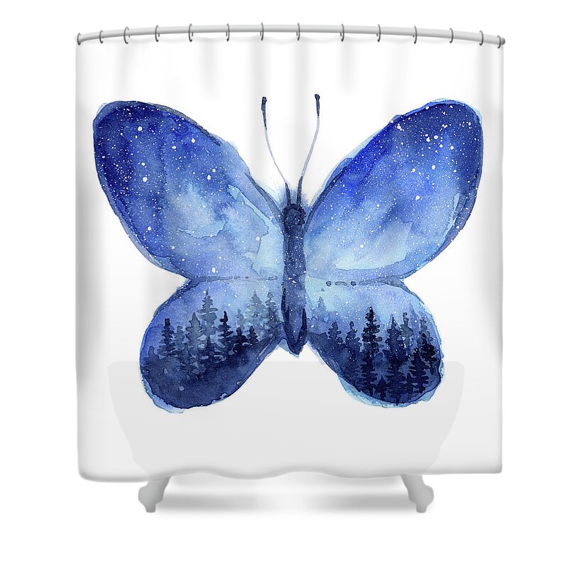 Blue Butterfly Shower Curtain featuring the painting Blue Space butterfly by Olga Shvartsur