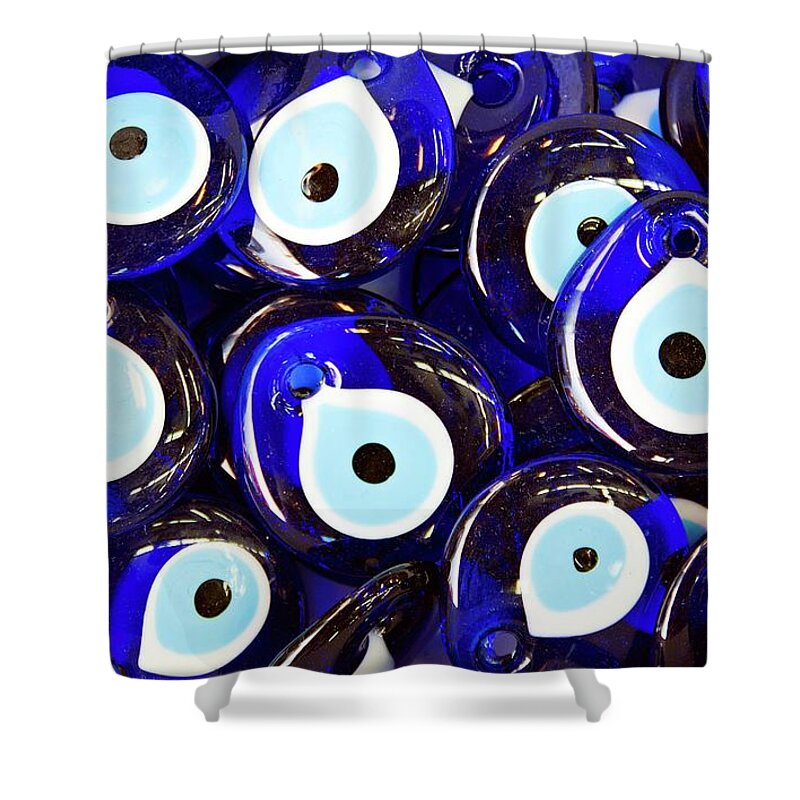 Large Group Of Objects Shower Curtain featuring the photograph Blue Turkish Evil Eyes by Paul Biris