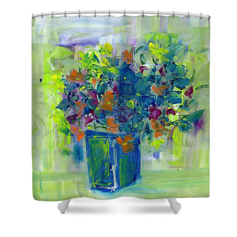 Flowers Shower Curtain featuring the painting Blue Vase Abstract Flowers 5 by Frank Bright
