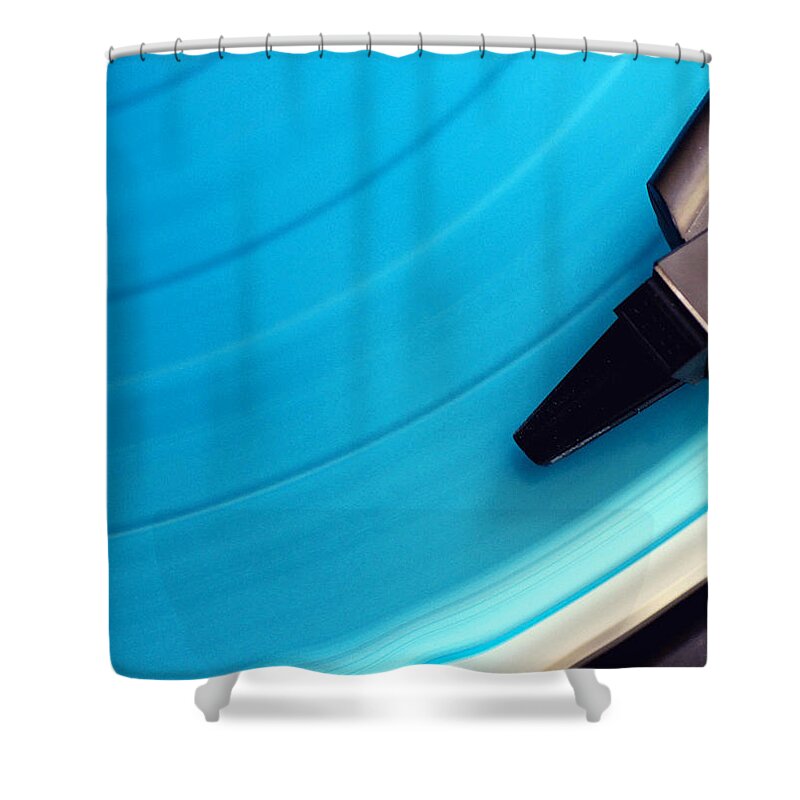 Music Shower Curtain featuring the photograph Blue Vinyl Record by Erik T Witsoe
