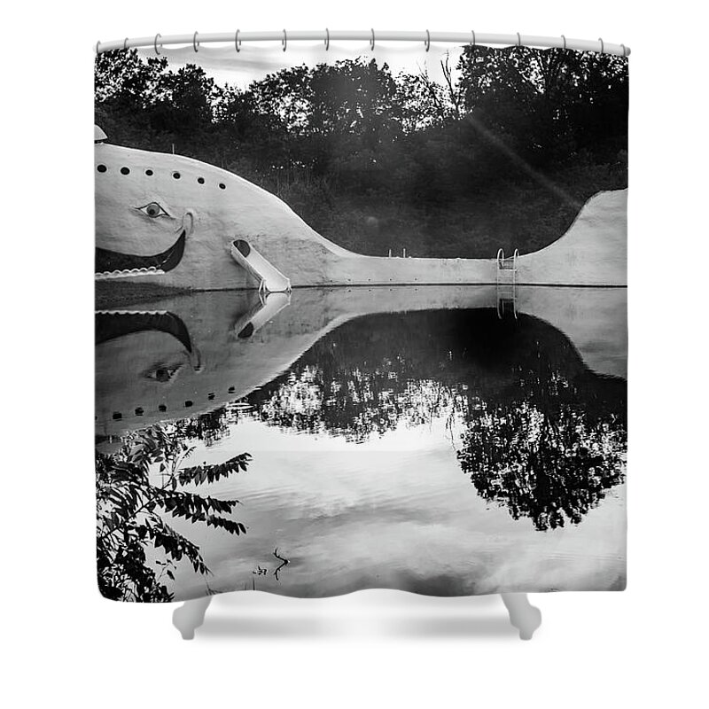 America Shower Curtain featuring the photograph Blue Whale of Rt 66 - Catoosa Oklahoma - Monochrome by Gregory Ballos