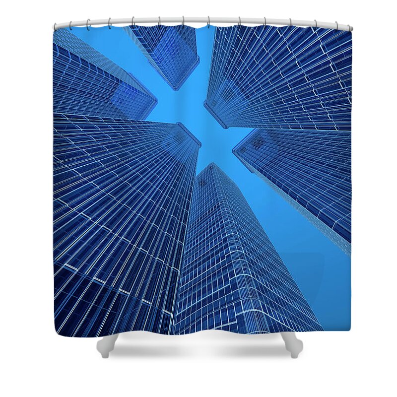 Corporate Business Shower Curtain featuring the digital art Blue Wireframe Building by Mmdi