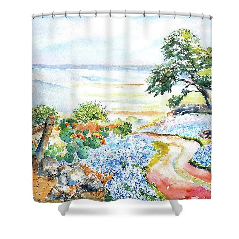 Texas Shower Curtain featuring the painting Bluebonnets - Texas Hill Country in Spring by Carlin Blahnik CarlinArtWatercolor