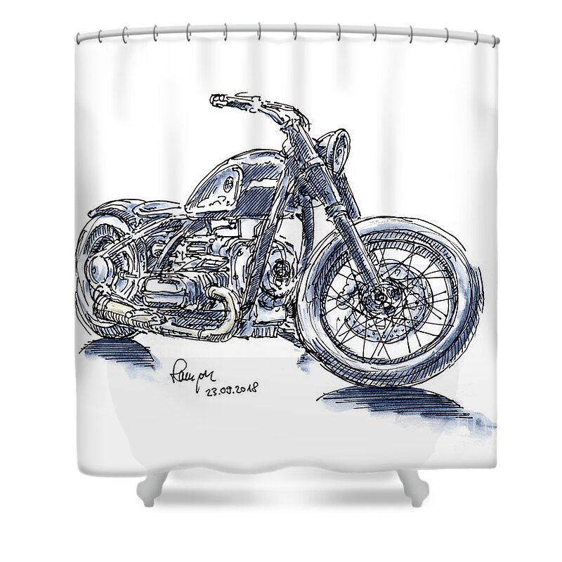 Motorbike Shower Curtain featuring the drawing BMW R5 Hommage Motorcycle Ink Drawing and Watercolor by Frank Ramspott