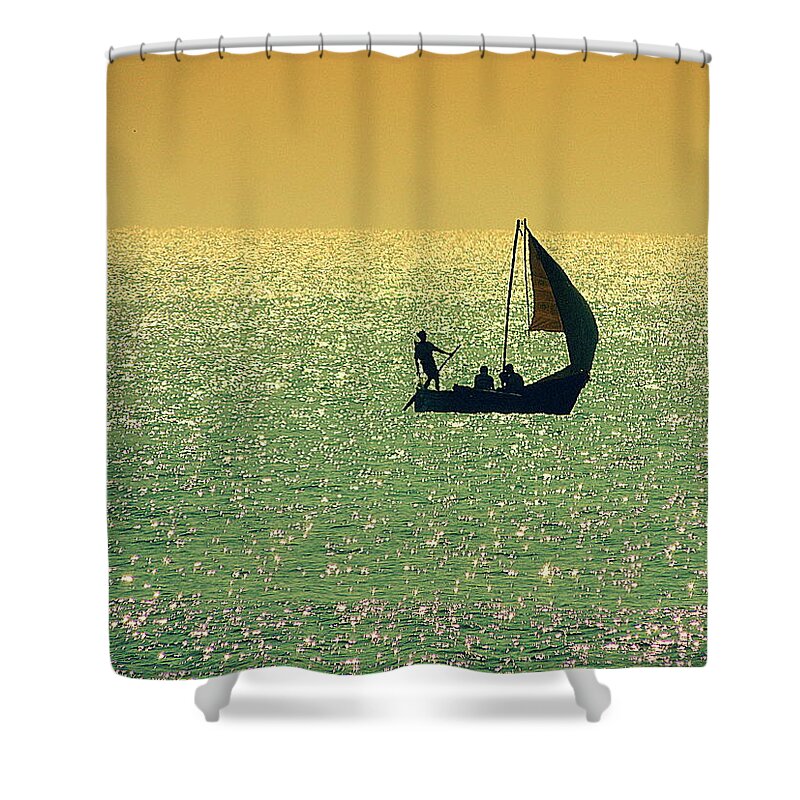 Scenics Shower Curtain featuring the photograph Boat On The Sea by © Suman Kalyan Biswas .
