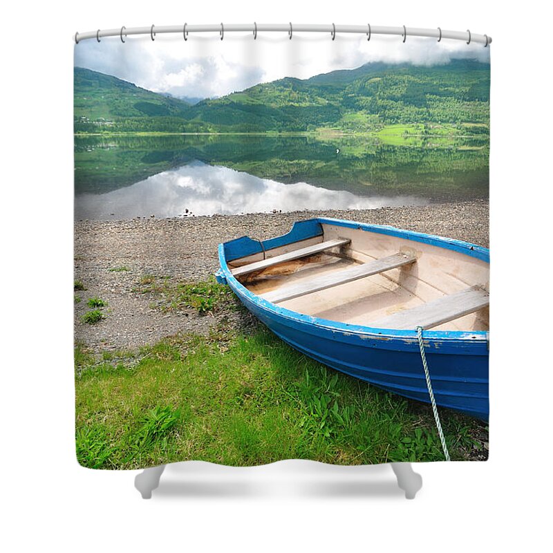 Water's Edge Shower Curtain featuring the photograph Boat On The Shore With Calm Lake And by R9 ronaldo