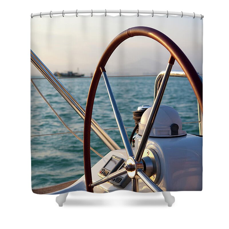 Tranquility Shower Curtain featuring the photograph Boat Steering Wheel by Lane Oatey/blue Jean Images