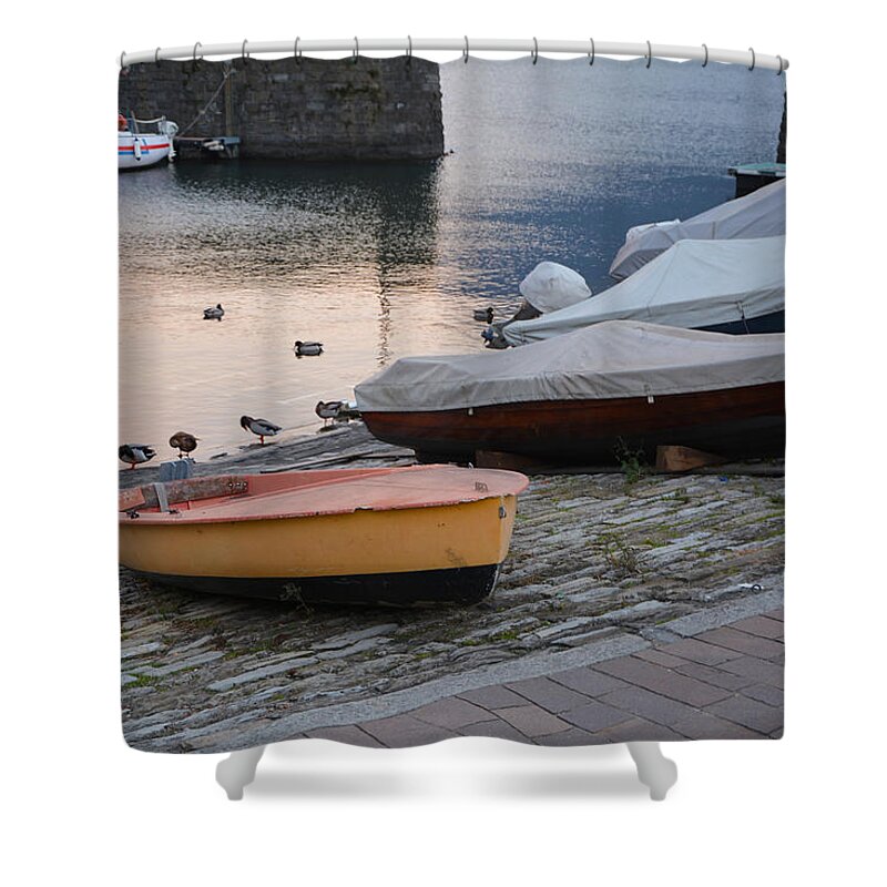 Argegno Shower Curtain featuring the photograph Boats and Ducks by Fabio Caironi