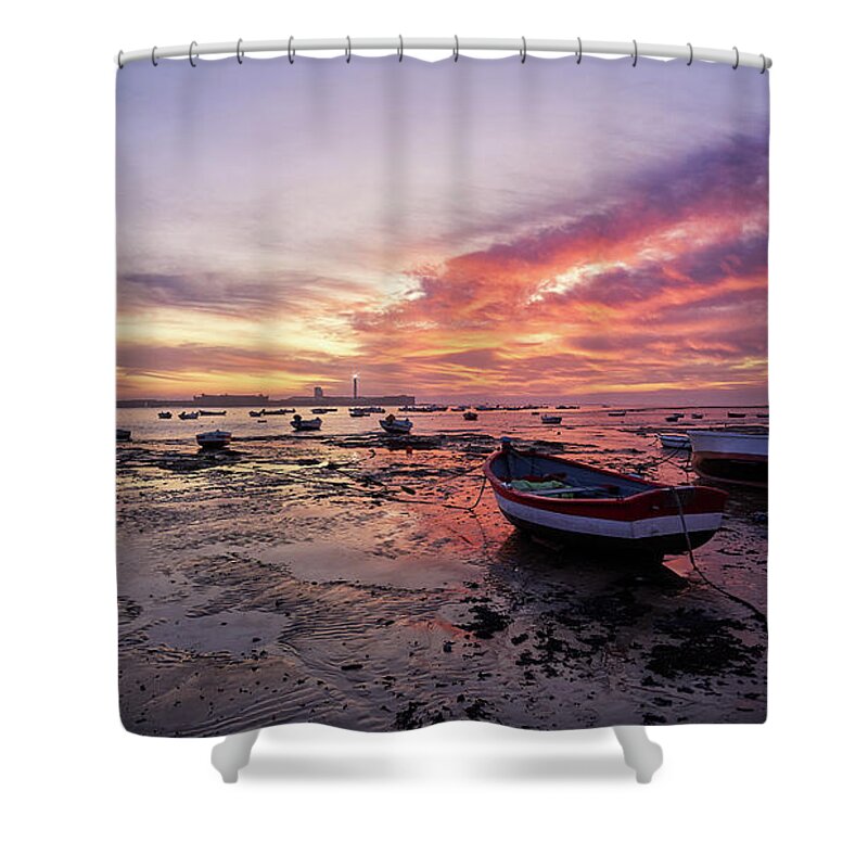 Shore Shower Curtain featuring the photograph Boats at La Caleta Beach at Dusk under a Fiery Sky Cadiz by Pablo Avanzini
