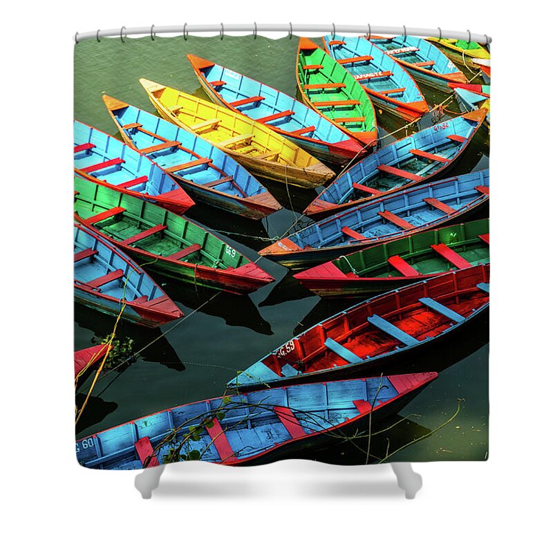 Rowboats Shower Curtain featuring the photograph Boats of Primary Colors by Leslie Struxness