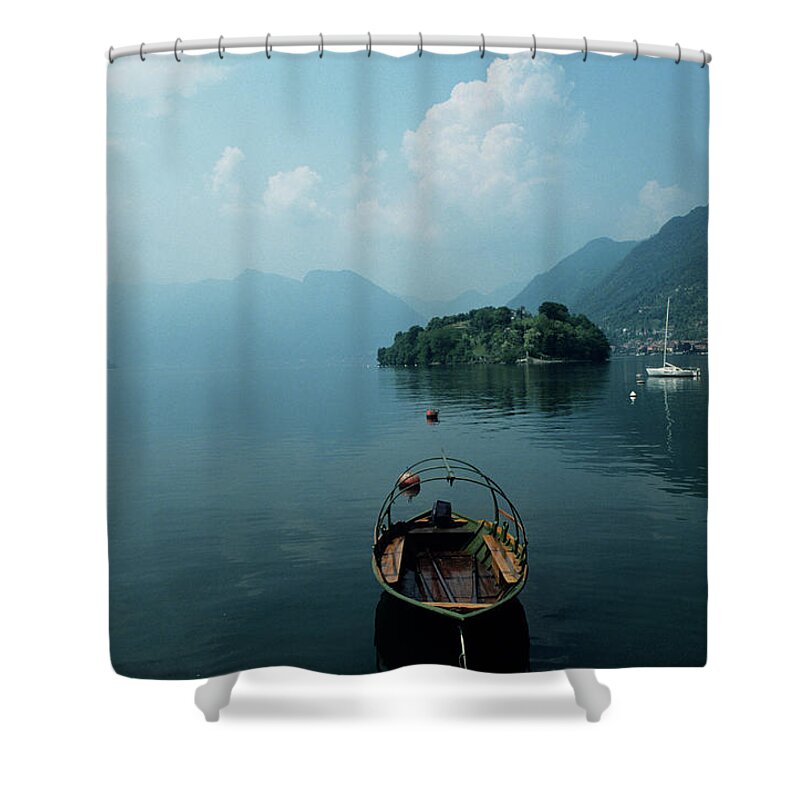 Tremezzo Shower Curtain featuring the photograph Boats On Lake, Tremezzo, Lake Como by Andy Sotiriou