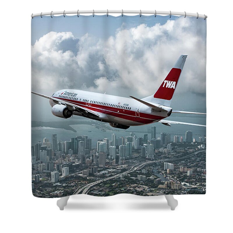 American Airlines Shower Curtain featuring the mixed media Boeing 737 Climbing Out Over Downtown Miami by Erik Simonsen