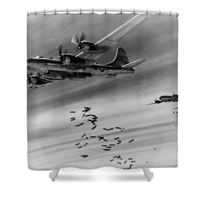 Military Shower Curtain featuring the painting Boeing B-29 Bombers drop bombs on Burma by Celestial Images