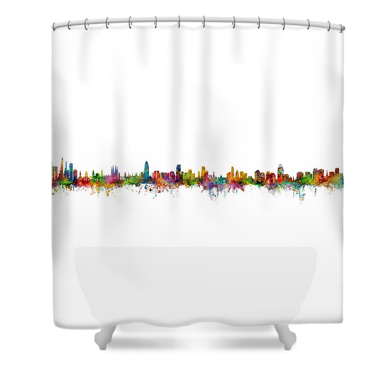 Bogota Shower Curtain featuring the digital art Bogota, Barcelona, Miami, Cincinnati and Orlando Skylines Mashup by Michael Tompsett