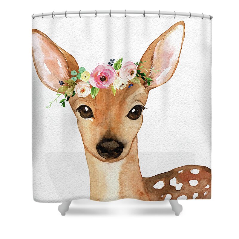 Deer Shower Curtain featuring the digital art Boho Deer Watercolor Floral Woodland by Pink Forest Cafe
