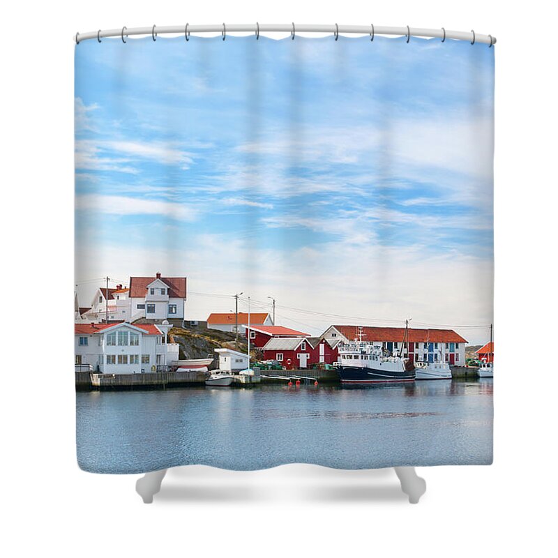 Water's Edge Shower Curtain featuring the photograph Bohuslan Harbor Village by Martin Wahlborg