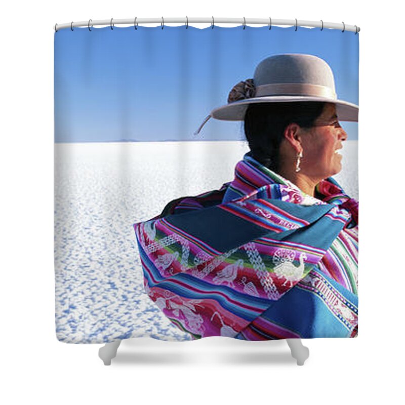 Bolivia Shower Curtain featuring the photograph Bolivia, Salar De Uyuni, Woman In Salt by Peter Adams