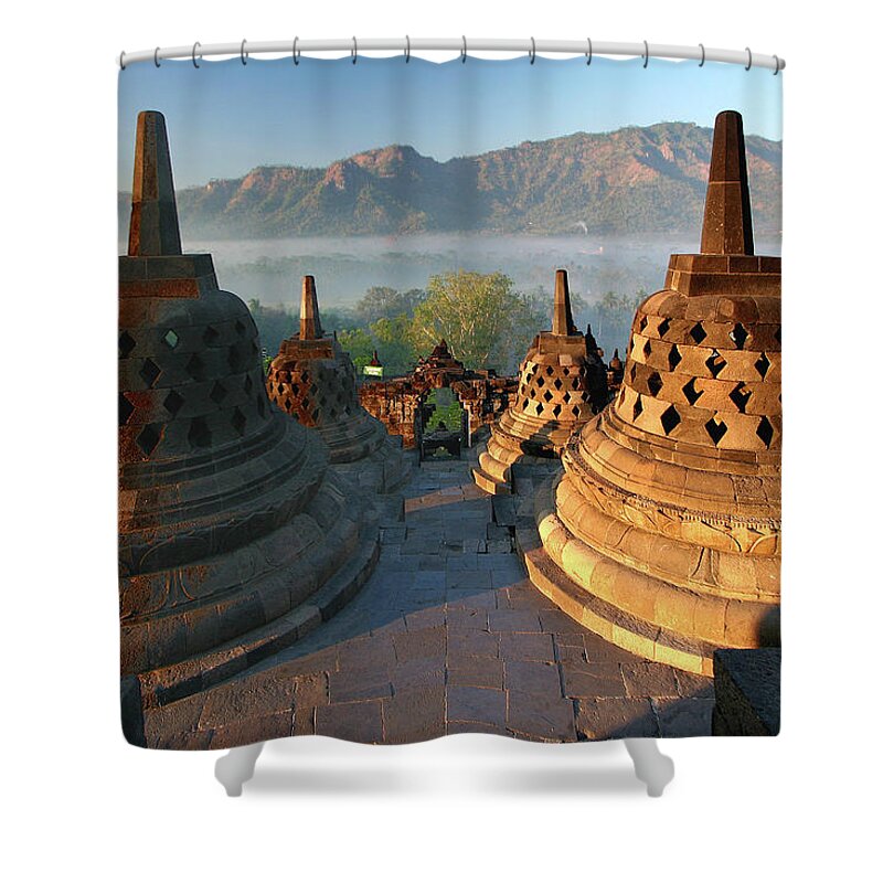 Tranquility Shower Curtain featuring the photograph Borobudur After Sunrise by Photo ©tan Yilmaz