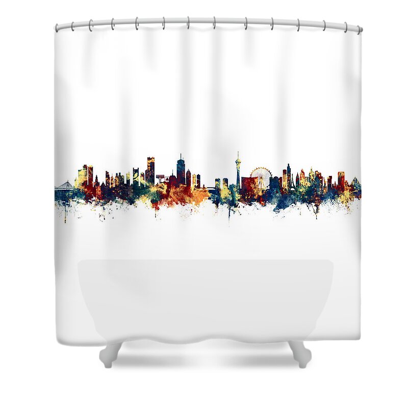 Boston Shower Curtain featuring the digital art Boston and Las Vegas Skylines Mashup by Michael Tompsett