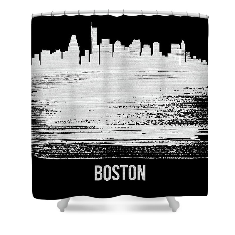 Boston Shower Curtain featuring the mixed media Boston Skyline Brush Stroke White by Naxart Studio