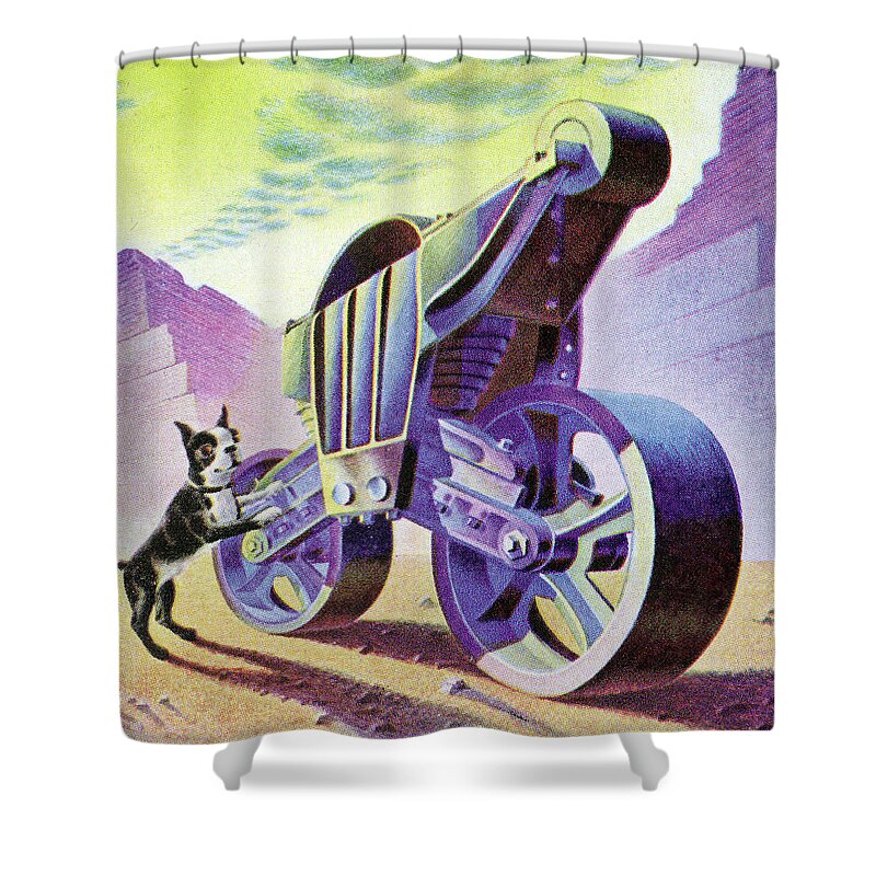 Animal Shower Curtain featuring the drawing Boston Terrier and Futuristic Vehicle by CSA Images
